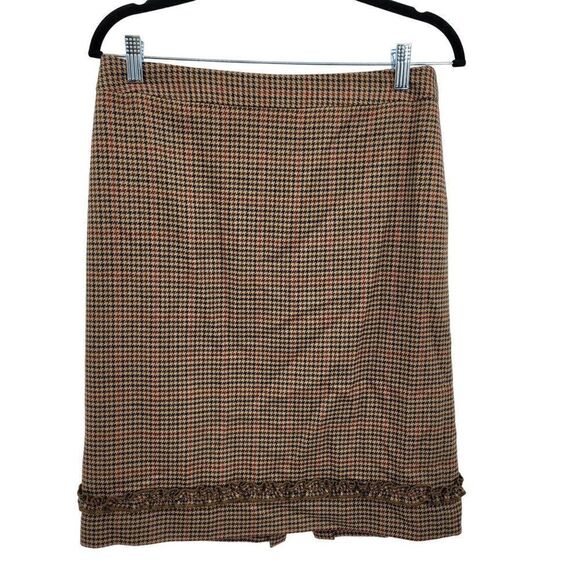 Vintage 80s Casual Corner Skirt Wool Houndstooth Plaid Tea Length Tan 10 Western - Picture 3 of 15